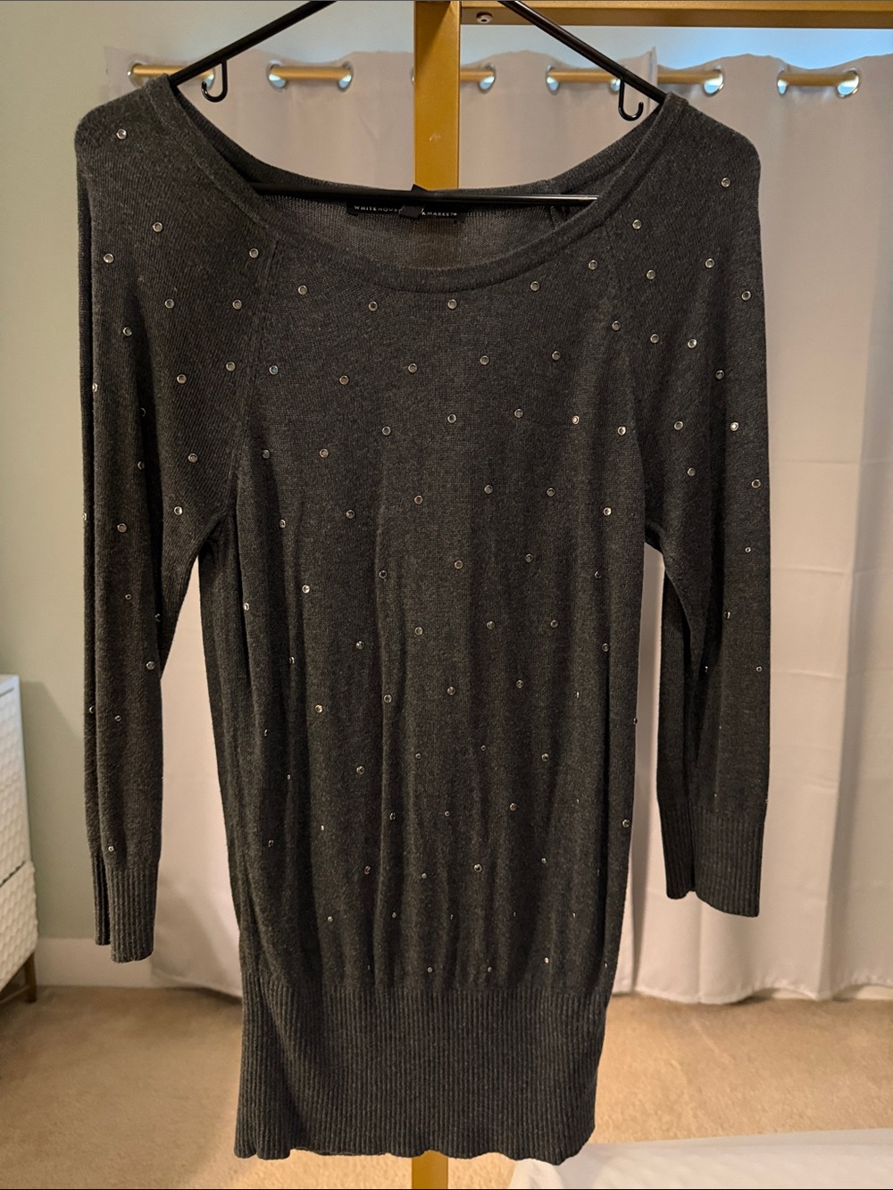 White House Black Market Charcoal Gray Rhinestone Boatneck Sweater Dress